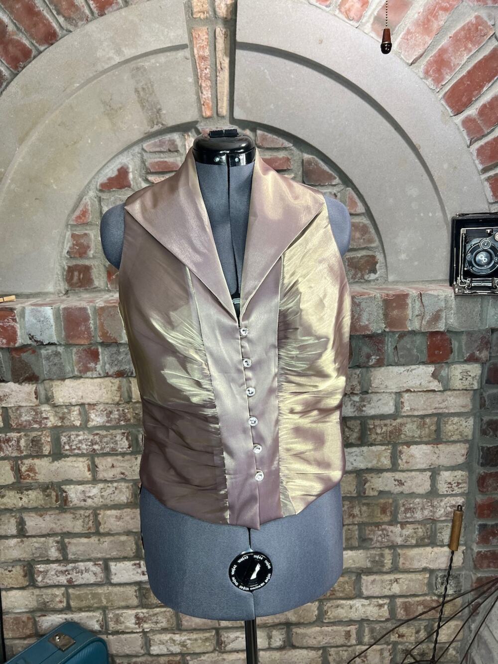 top button up gold metallic sleeveless glam 1990s